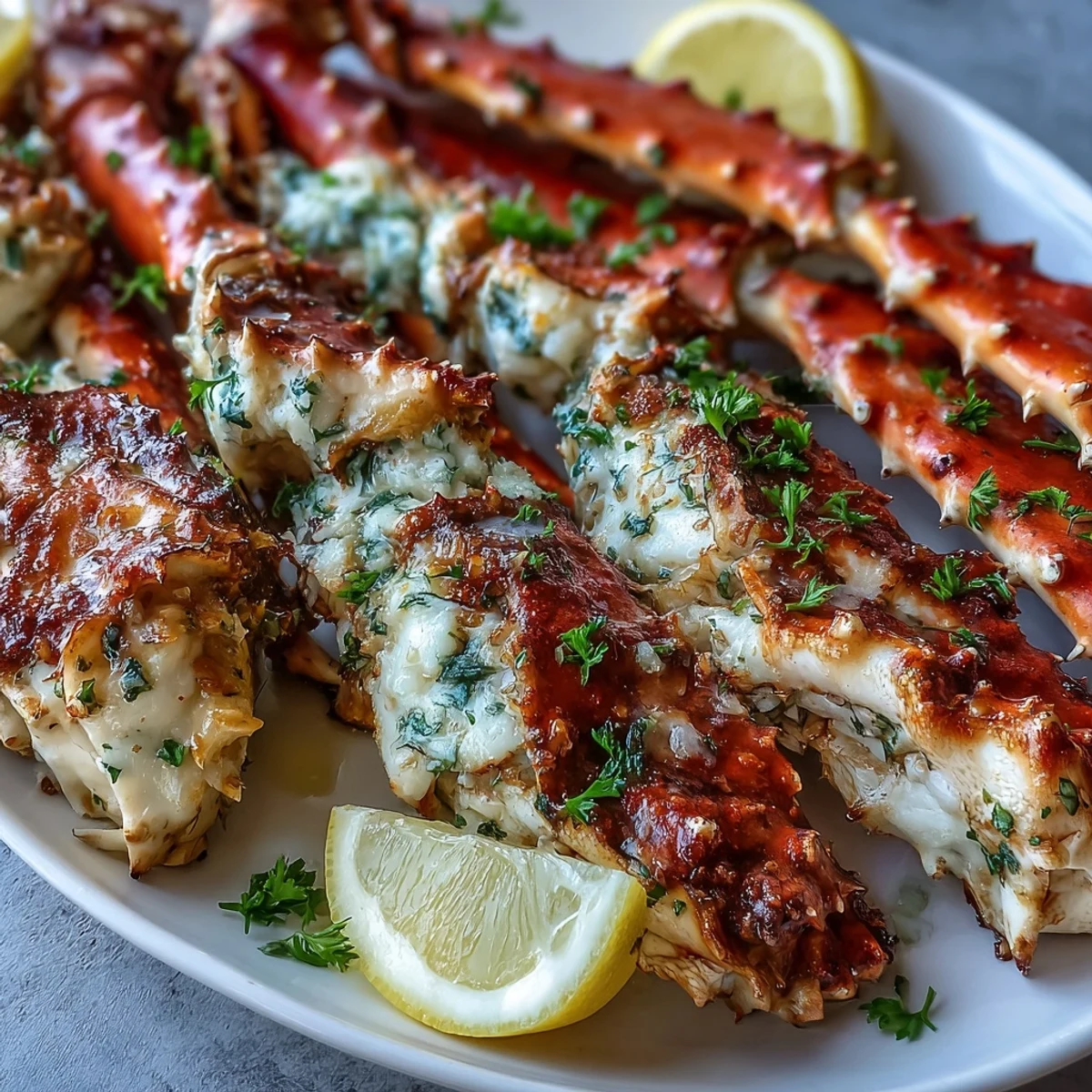 Juicy crab legs glazed with savory garlic butter and smoked paprika, paired with lemon wedges for a bright, low-carb main dish.