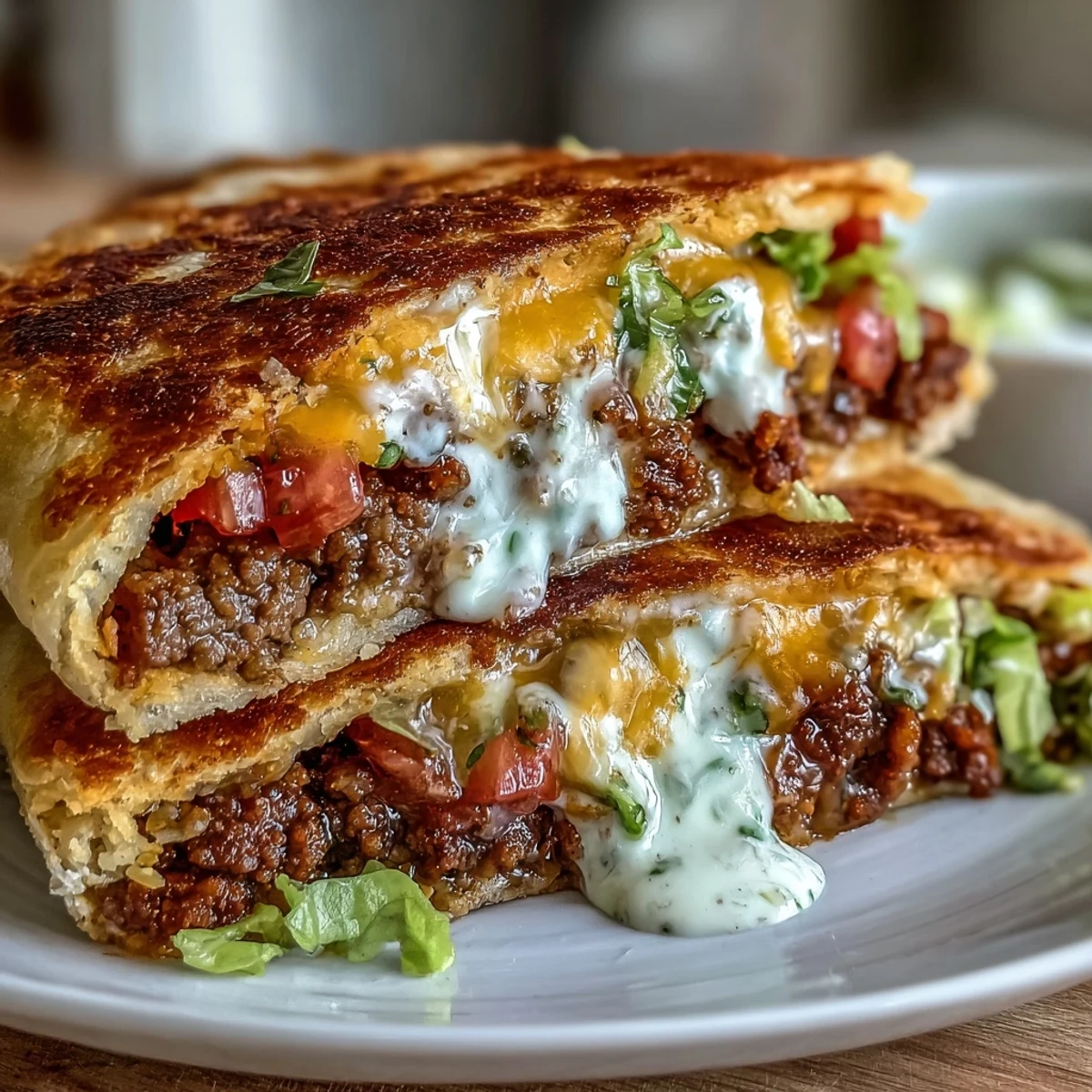 Low-carb Crunchwrap Supreme featuring savory ground beef, crunchy pork rinds, and fresh toppings in a homemade almond flour tortilla.