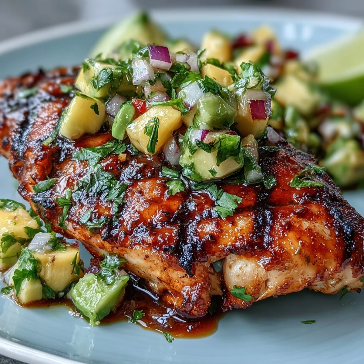 Grilled chicken with mango avocado salsa, featuring juicy chicken and a colorful, zesty topping bursting with tropical flavors.