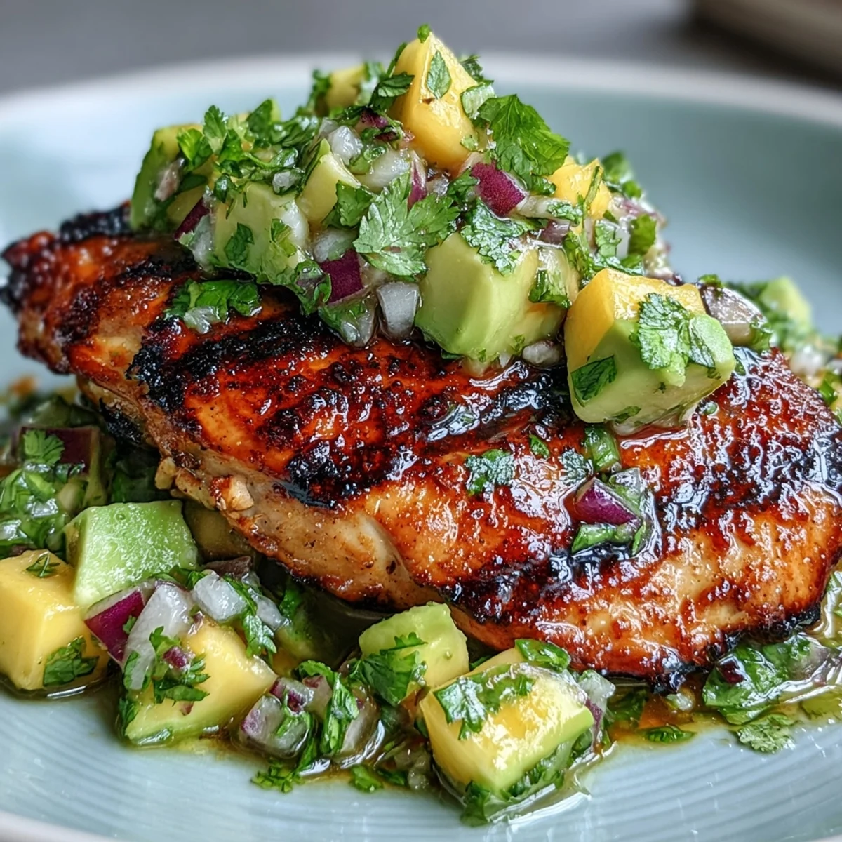 Close-up of grilled chicken topped with a colorful mango avocado salsa, cilantro, and red onions.