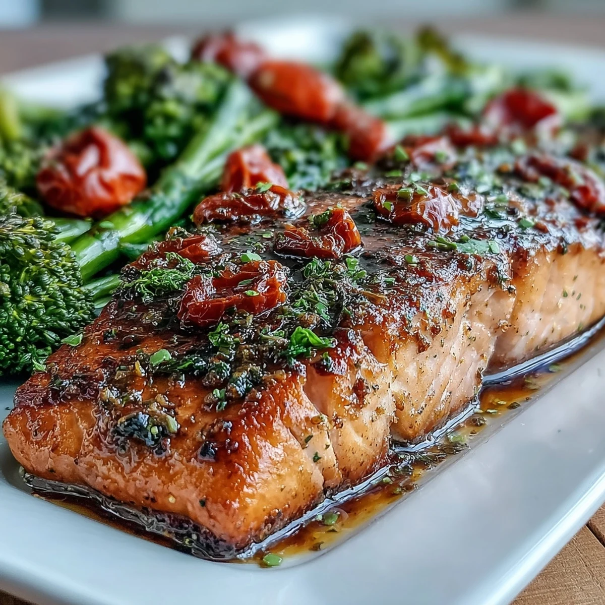Healthy sheet pan Dijon salmon dinner with flaky fish and colorful roasted vegetables, served with fresh lemon wedges for brightness.  