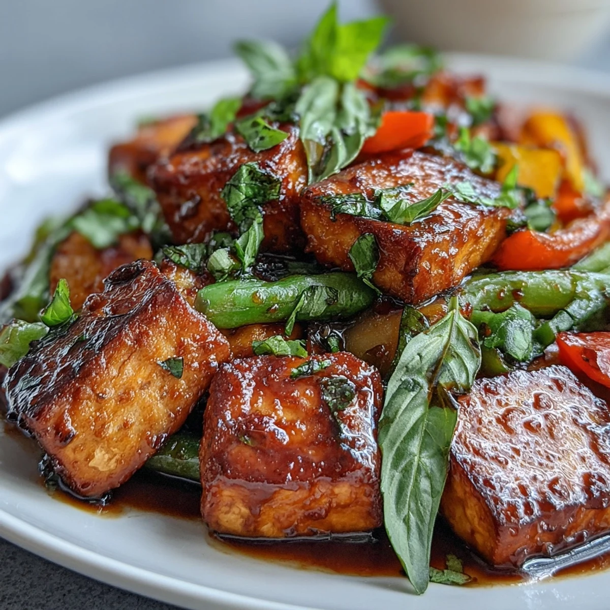 Vibrant vegan Thai basil tofu stir-fry with crisp bell peppers, snap peas, and seared tofu in a savory, aromatic sauce. Healthy, plant-based, and full of flavor.  
