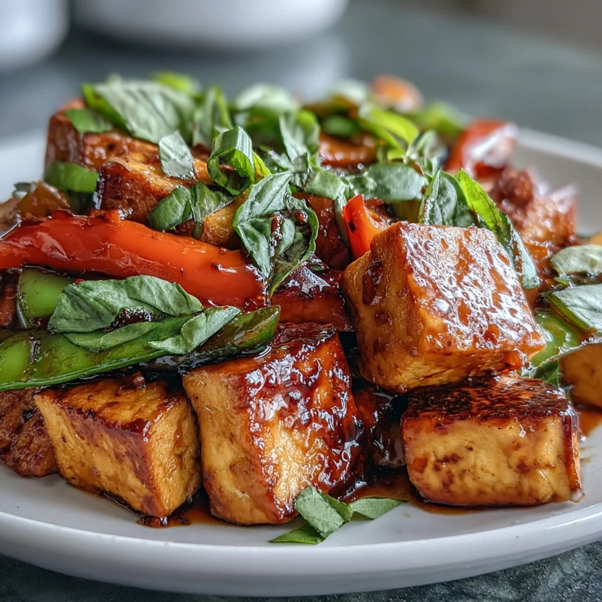 Colorful Thai basil tofu stir-fry with fresh vegetables, fragrant herbs, and a slightly spicy sauce—perfect for a quick, wholesome vegan dinner.  