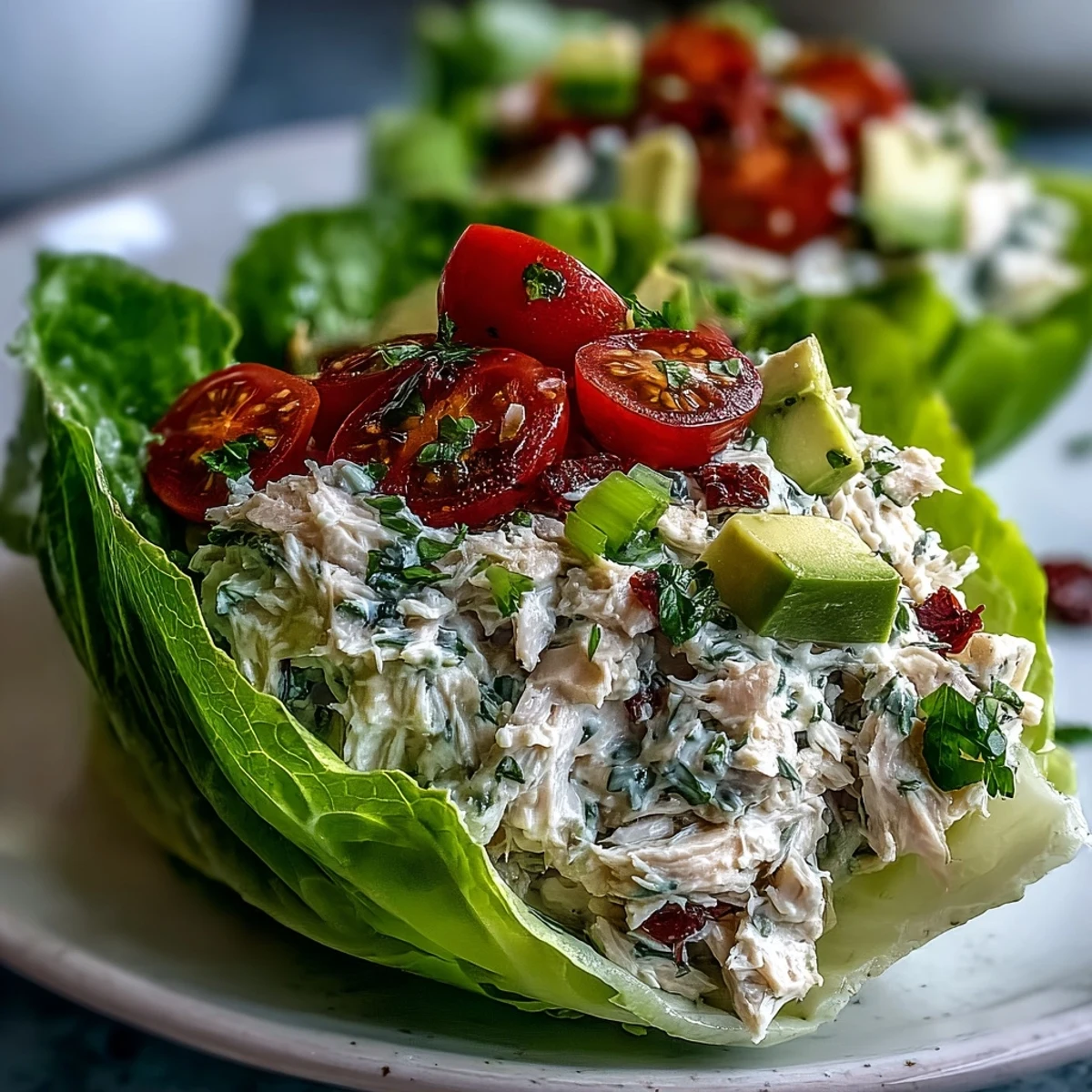 High-protein tuna salad lettuce cups with creamy Greek yogurt dressing and fresh vegetables.  