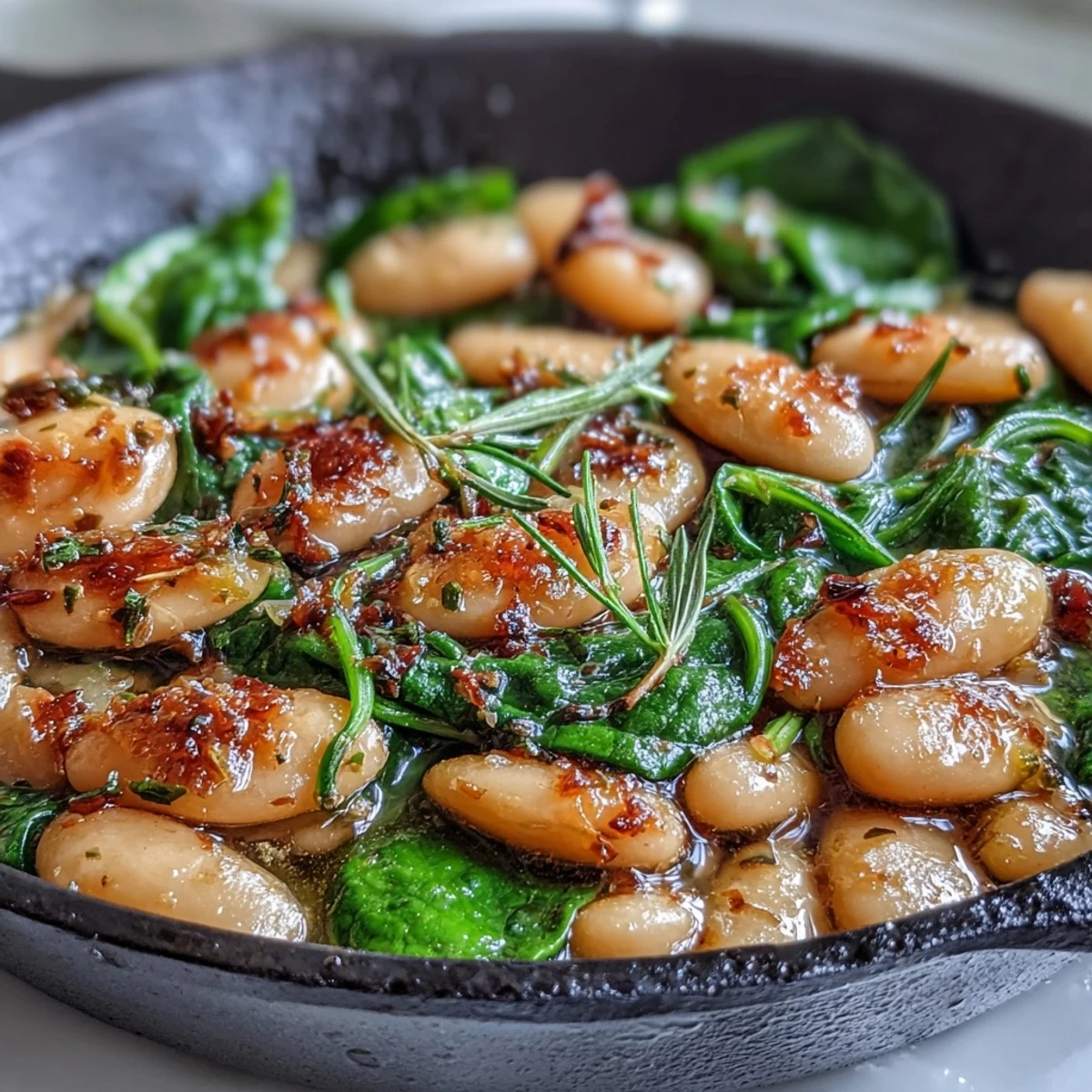 Bright and fresh vegan lemon garlic white bean skillet featuring tender beans, wilted spinach, and aromatic garlic in a citrusy sauce.  
