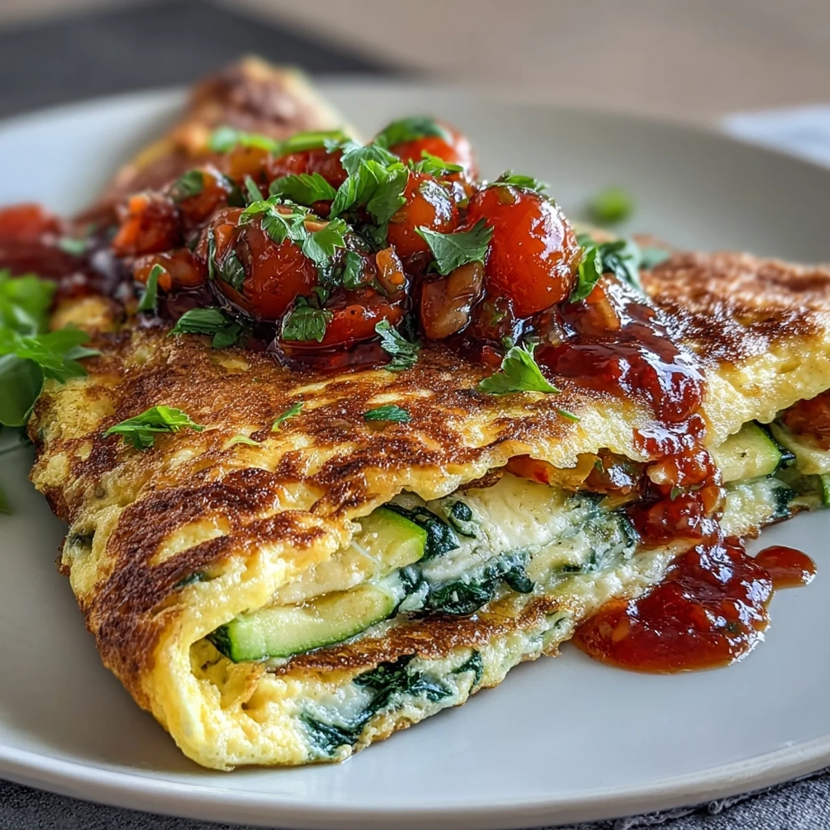 Fluffy egg white omelette packed with colorful vegetables, topped with homemade salsa, garnished with cilantro for a fresh, healthy breakfast.