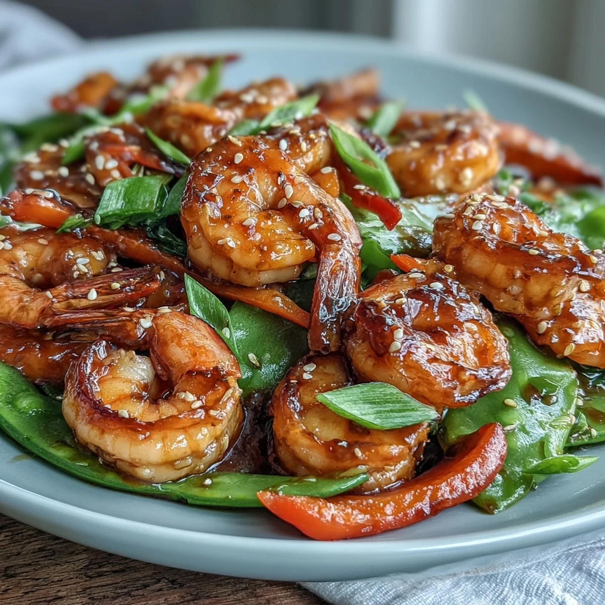 A colorful shrimp and veggie stir-fry served over fluffy cauliflower rice, perfect for a quick and healthy dinner.  