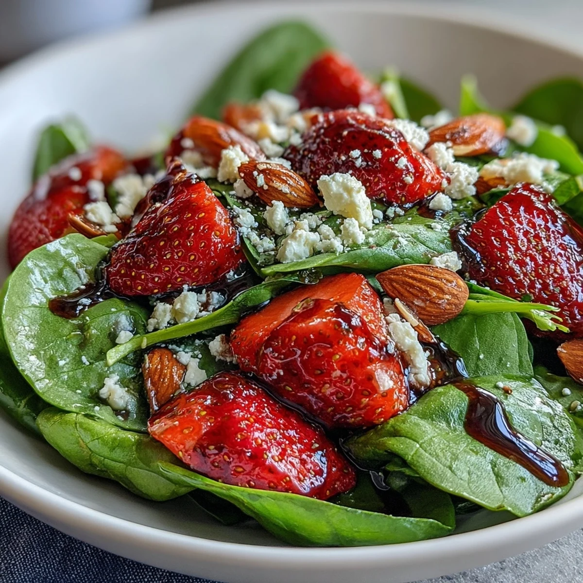 Bright spring salad featuring juicy strawberries, baby spinach, crumbled feta, and golden toasted almonds in a honey balsamic dressing.  