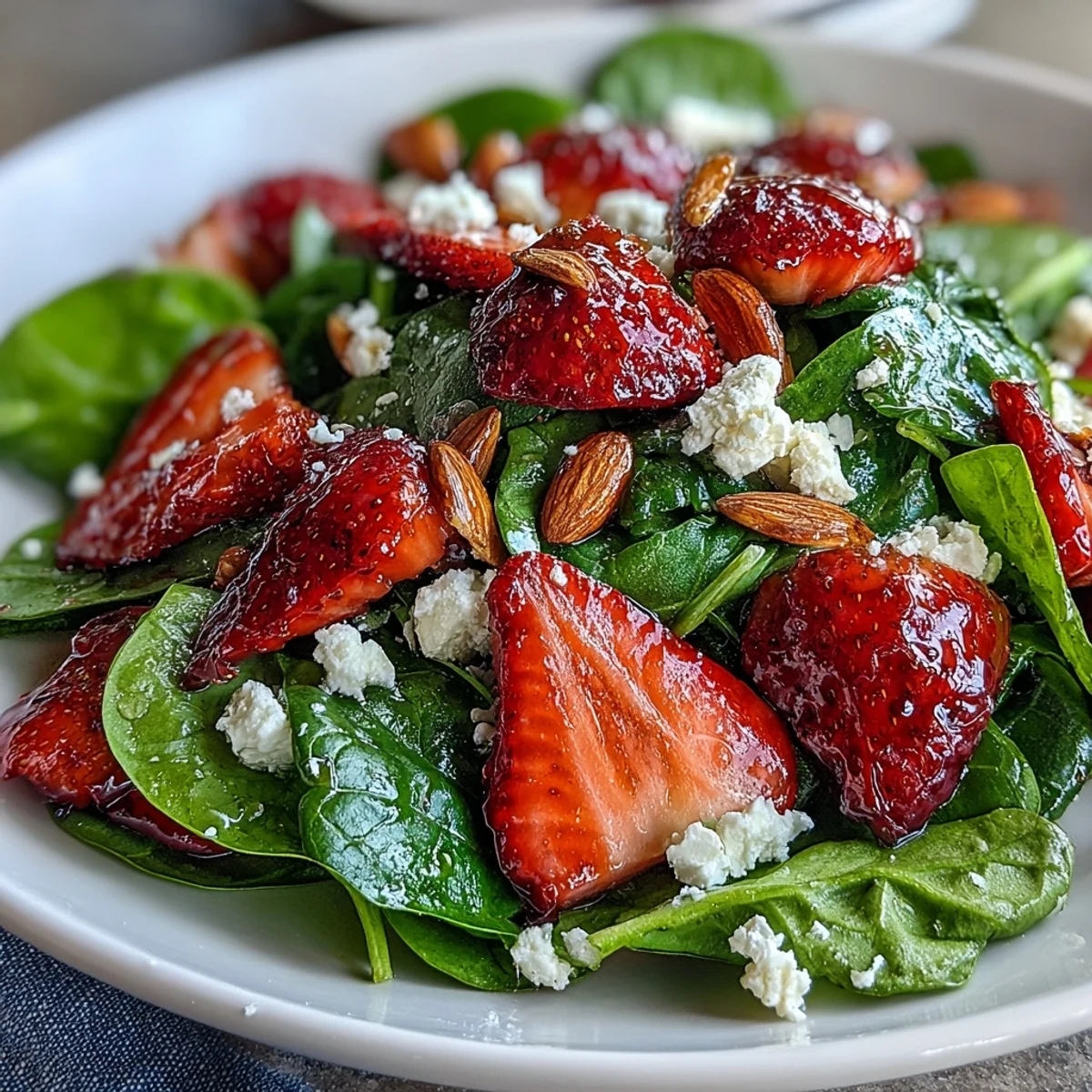 Fresh strawberry spinach salad with feta and toasted almonds, a vibrant mix of sweet berries, creamy cheese, and crunchy nuts.  