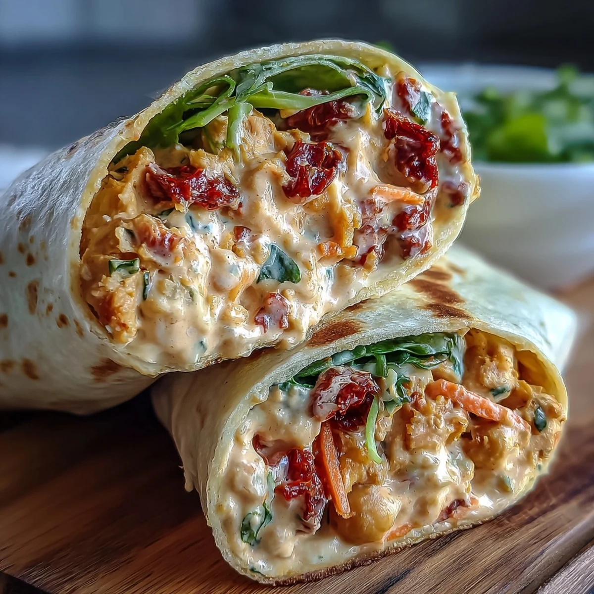 Protein-packed vegan chickpea salad with sun-dried tomatoes, celery, and fresh parsley wrapped in a hearty tortilla for easy meals.
