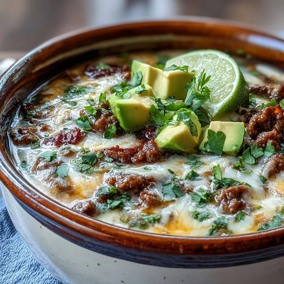 Hearty keto taco soup with ground beef, melted cheese, and creamy avocado slices in a rich broth.  
