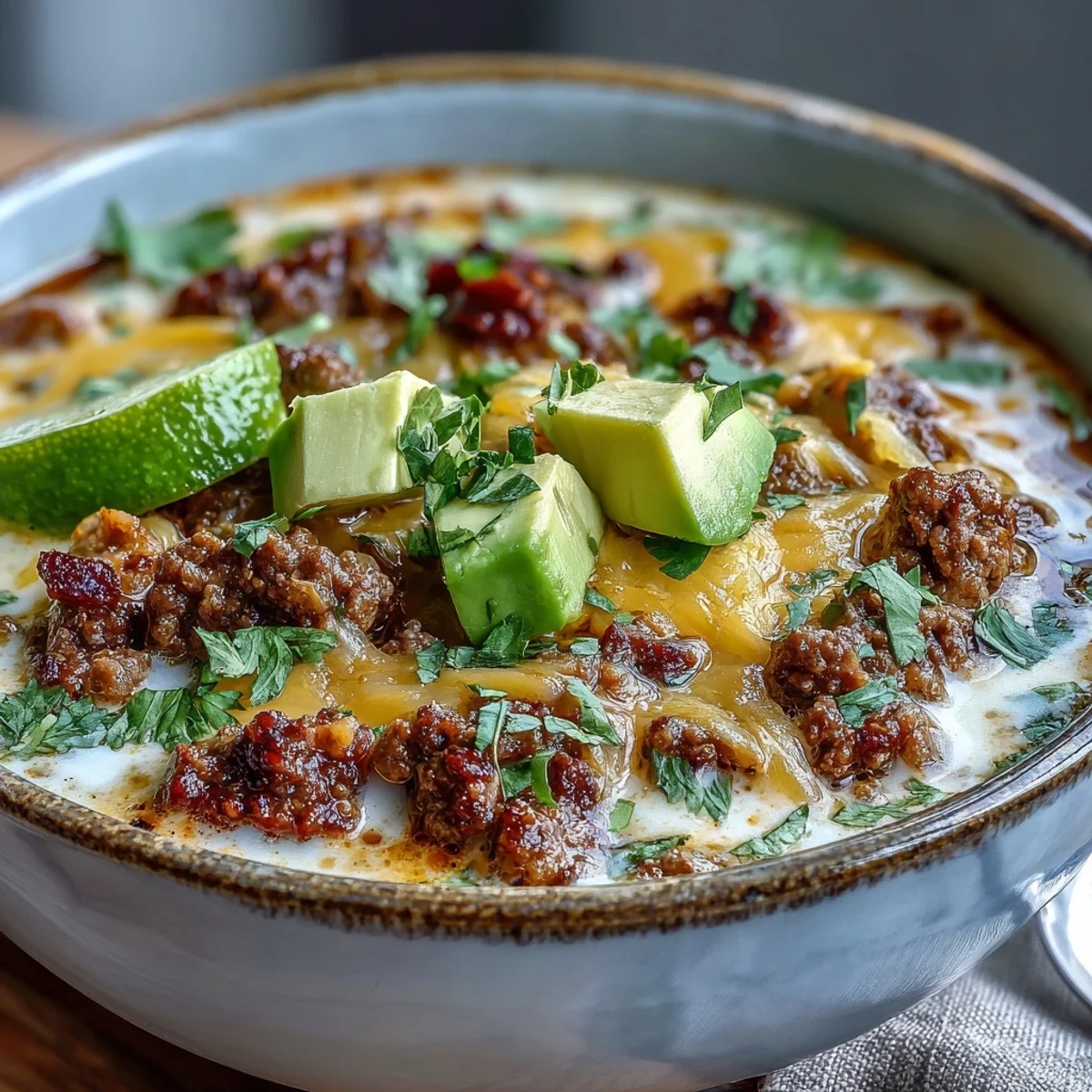 Savory low-carb taco soup loaded with seasoned ground beef, cheddar, and fresh avocado garnish.  