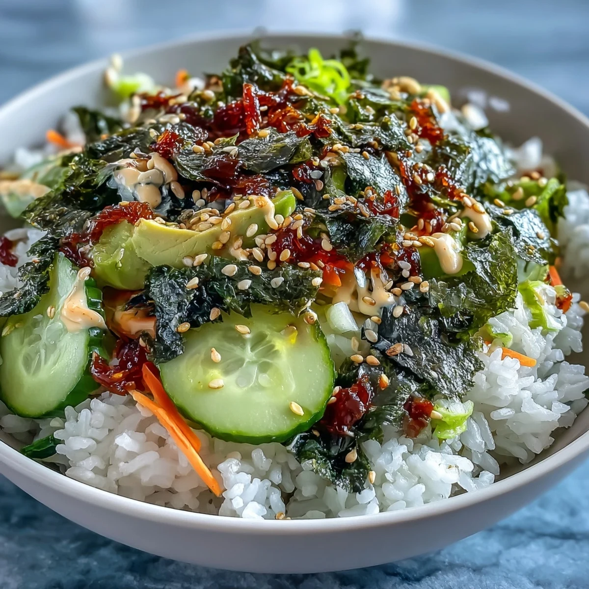 Seaweed Snack Sushi Bowl with fresh cucumber, avocado, and spicy mayo, served over fluffy sushi rice.