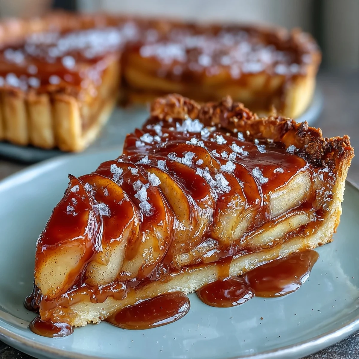 A golden tart filled with cinnamon-spiced apples and drizzled with rich salted caramel sauce.
