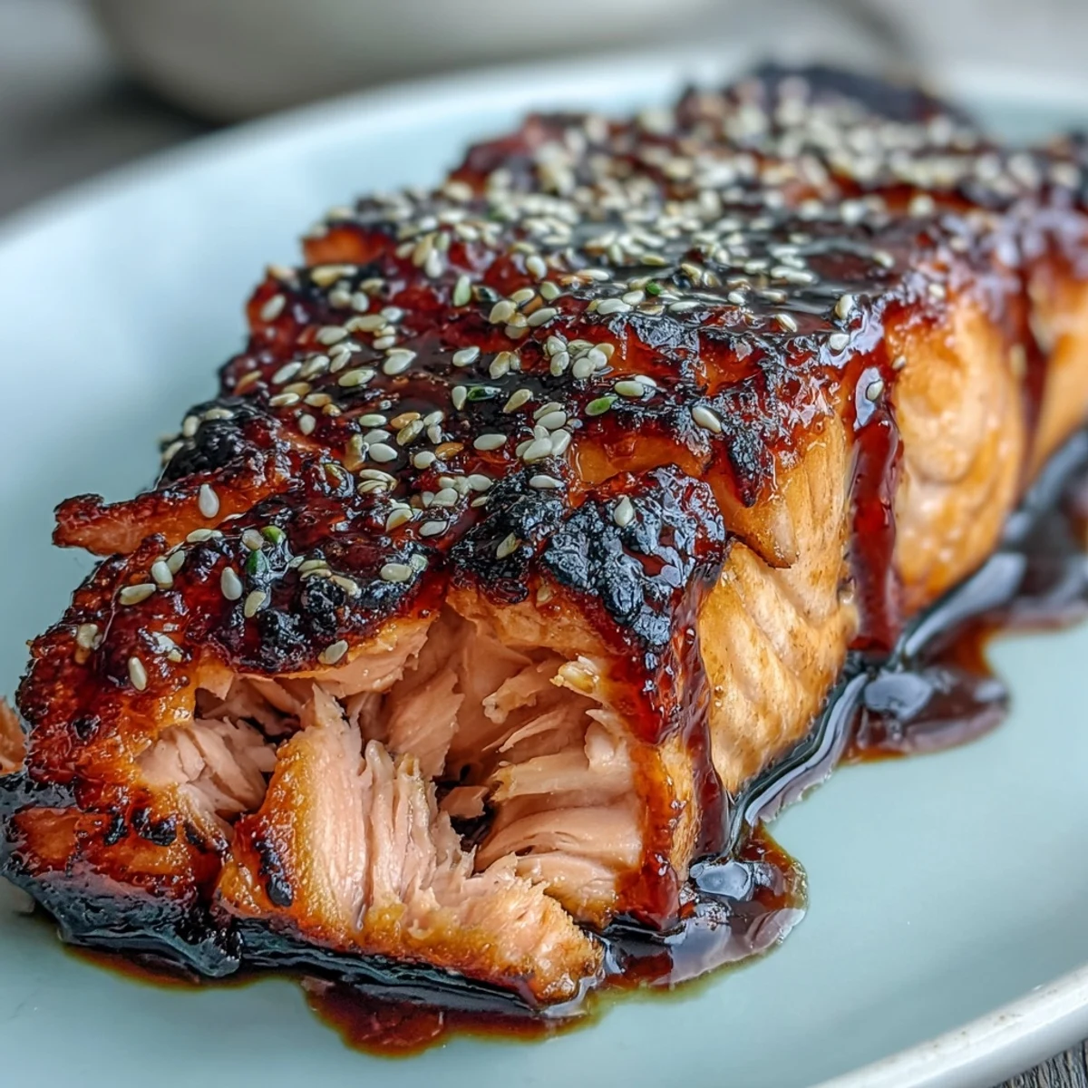 Teriyaki glazed salmon fillets baked until tender, drizzled with a glossy soy-honey sauce and garnished with sesame seeds.