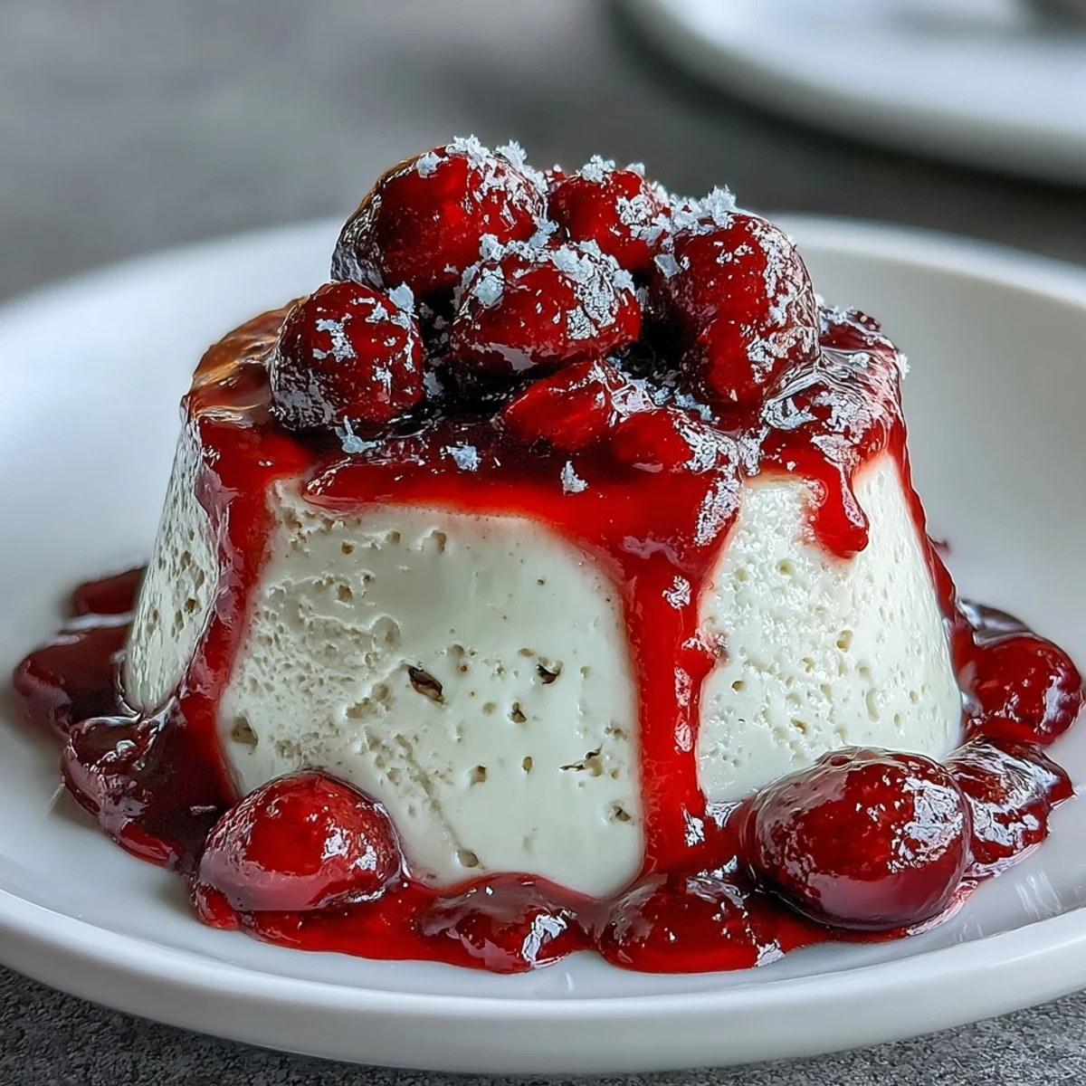 Silky cardamom panna cotta with a velvety texture, served in a glass and topped with a vibrant berry compote.  