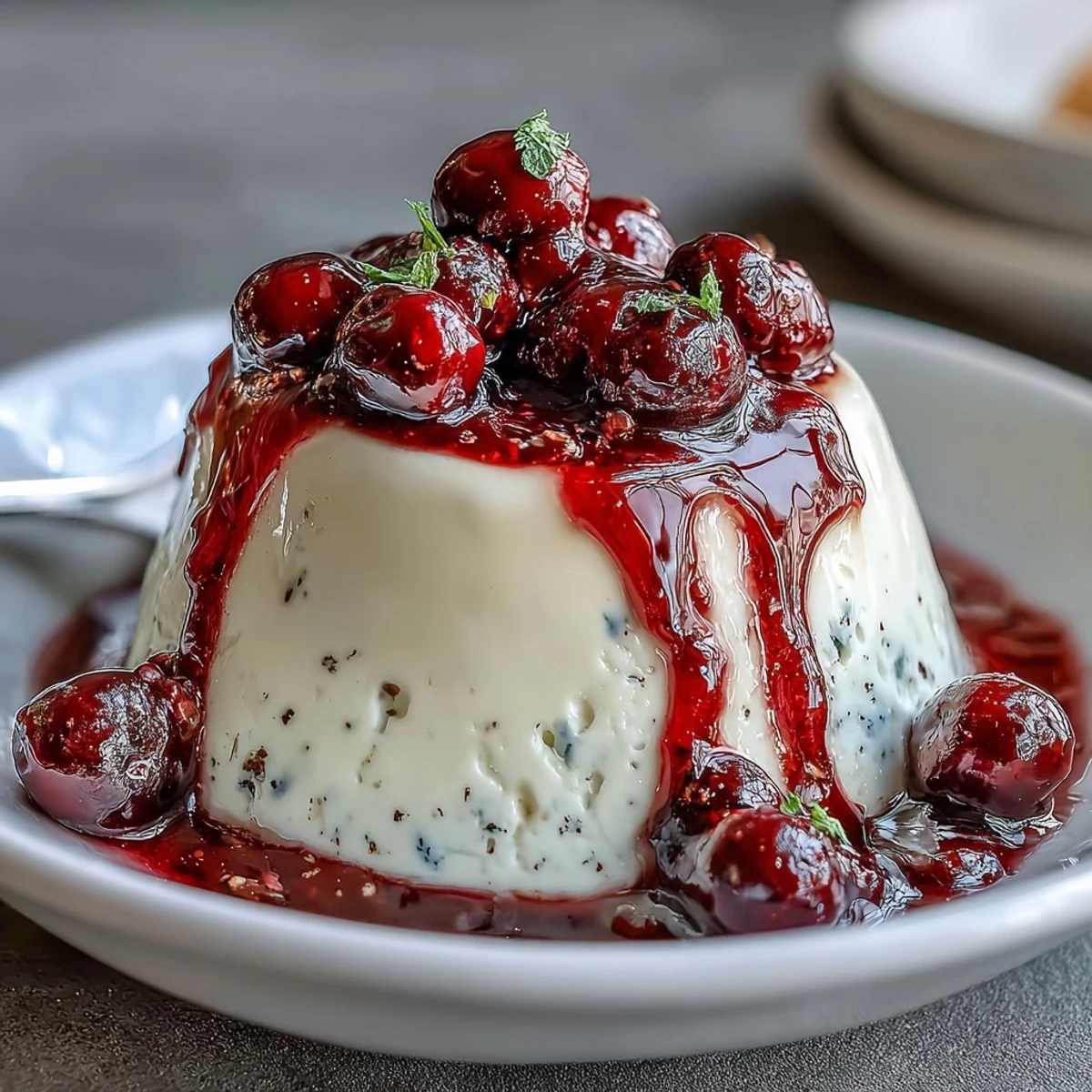 Creamy Italian dessert infused with aromatic cardamom, elegantly presented with fresh berries and a glossy berry sauce.  