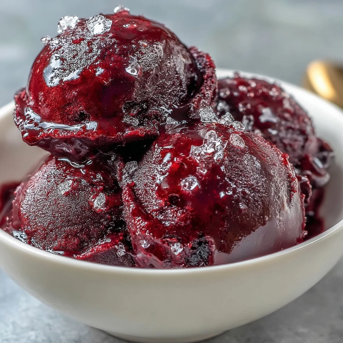 Vibrant black currant sorbet with deep purple hue and fresh mint garnish.  