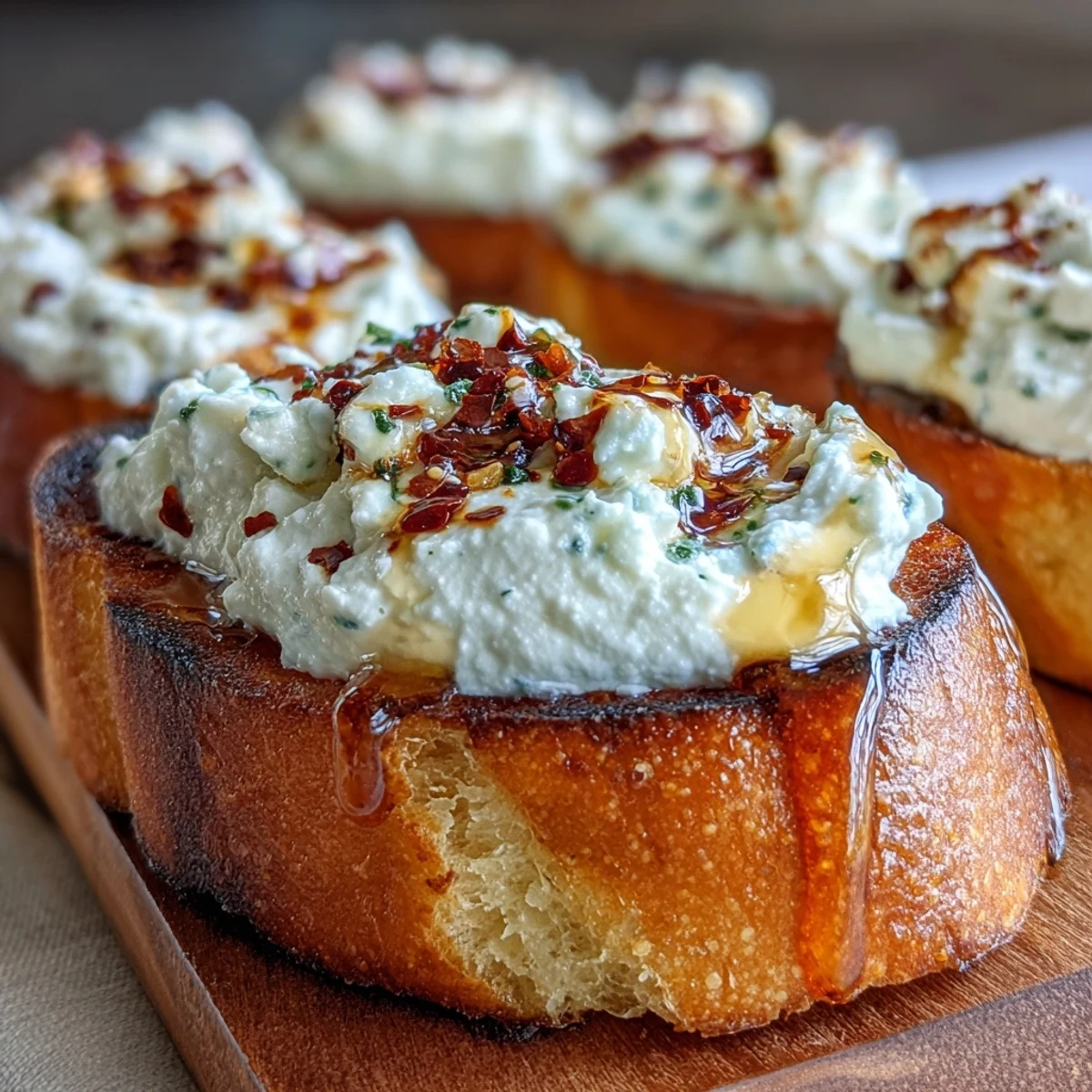 Golden baguette slices layered with creamy whipped feta, tangy lemon zest, and a fiery drizzle of hot honey for bold flavor.