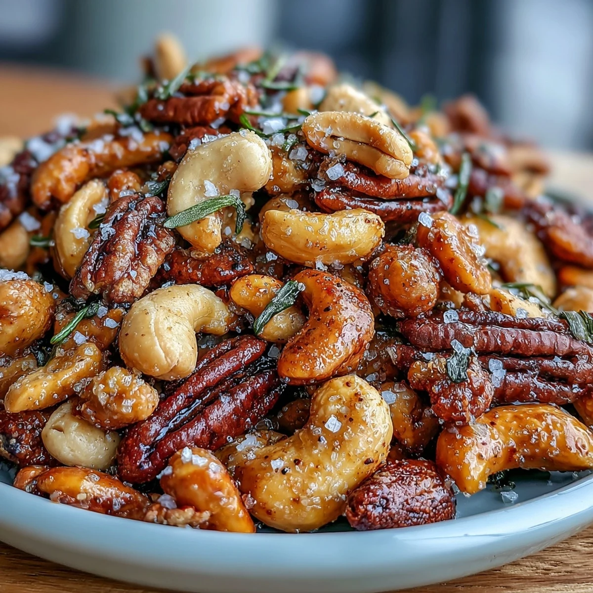 A sweet and savory party mix of peanuts, cashews, and pumpkin seeds glazed with salted honey and cinnamon.  