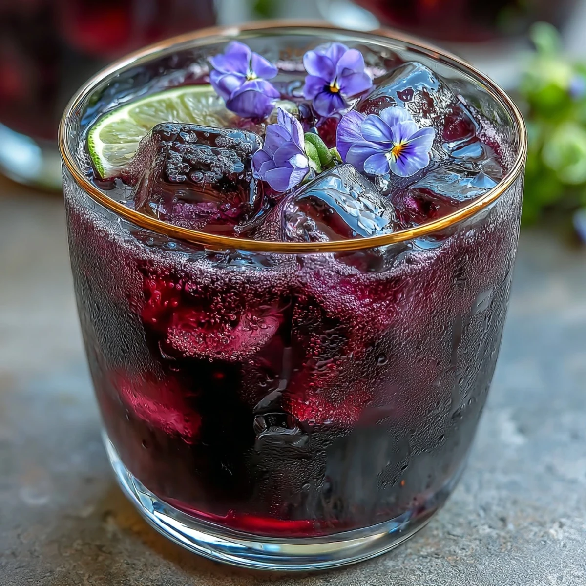 A refreshing black currant gin cocktail with vibrant berry hues and a floral garnish in a chilled glass.