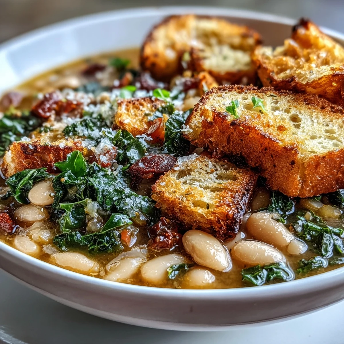 Hearty Tuscan ribollita white bean soup with kale, vegetables, and crispy sourdough croutons in a rustic bowl.  