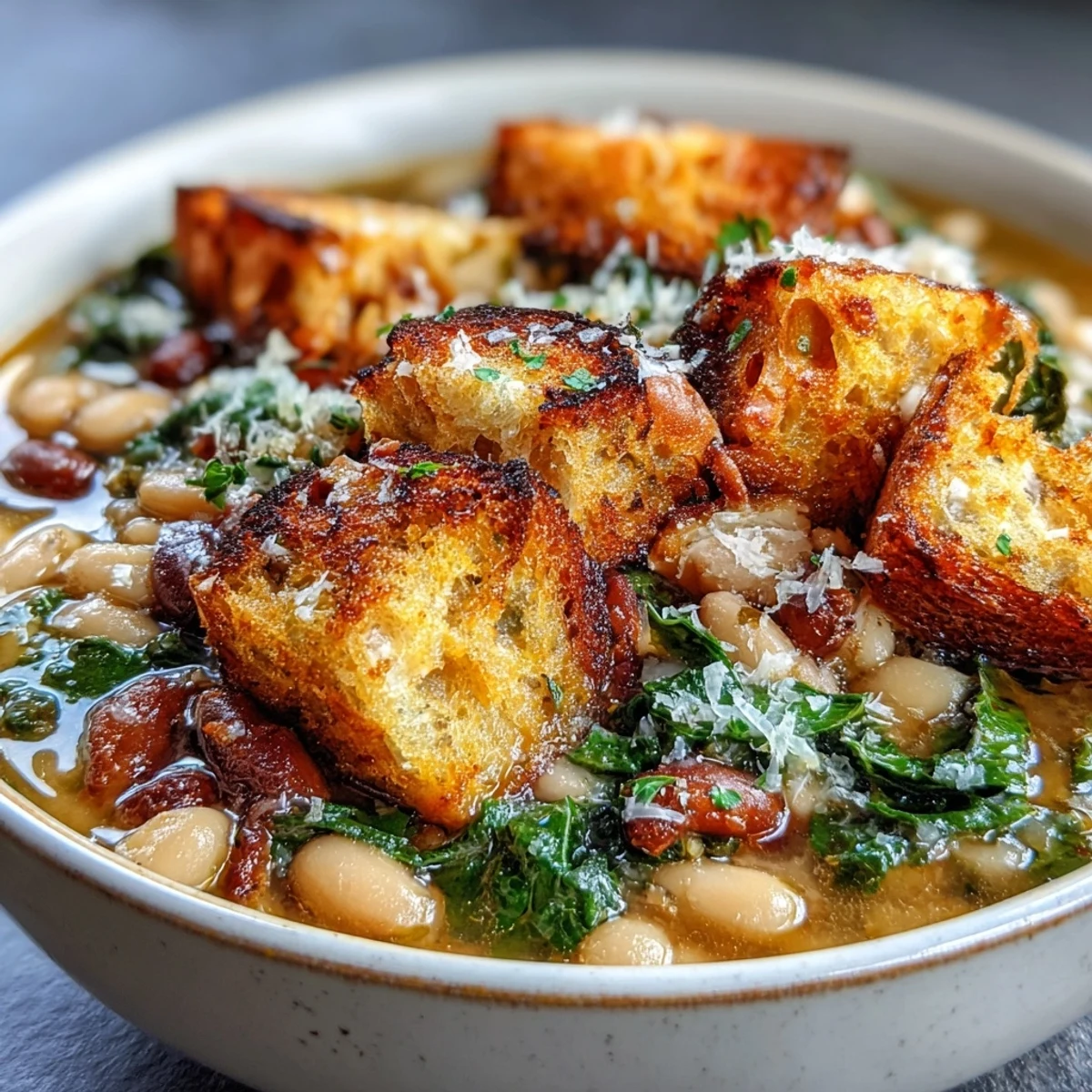Bowl of Tuscan ribollita featuring creamy cannellini beans, hearty vegetables, and crunchy sourdough croutons in rich broth.