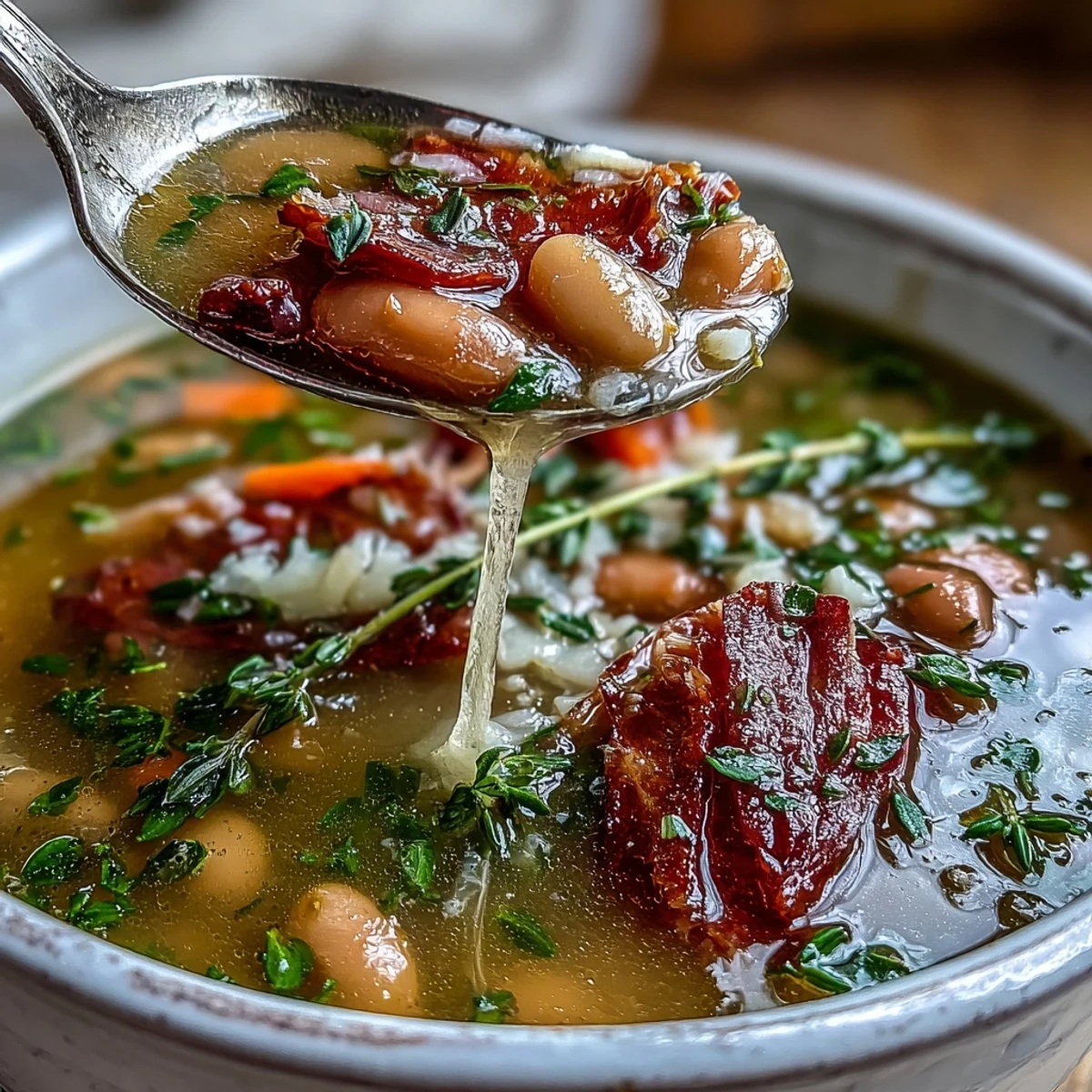 A steaming bowl of hearty ham and navy bean soup, rich with tender beans, savory ham, and fragrant fresh thyme sprigs.  