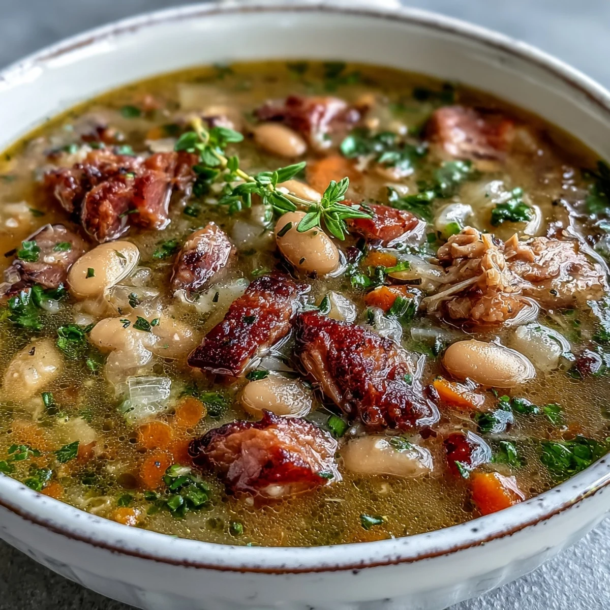 Rustic ham and navy bean soup with aromatic thyme, carrots, celery, and onion in a savory broth—perfect comfort food.  