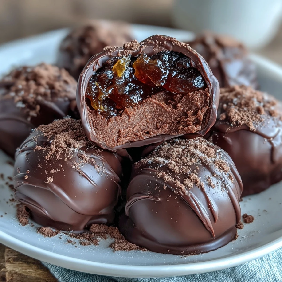 Velvety dark chocolate truffles encasing sweet, citrusy candied orange zest, perfect for a gourmet dessert gift.