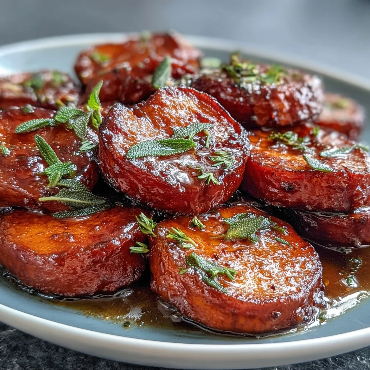 Tender sweet potato slices glazed with maple syrup and brown sugar, topped with crispy sage leaves.  