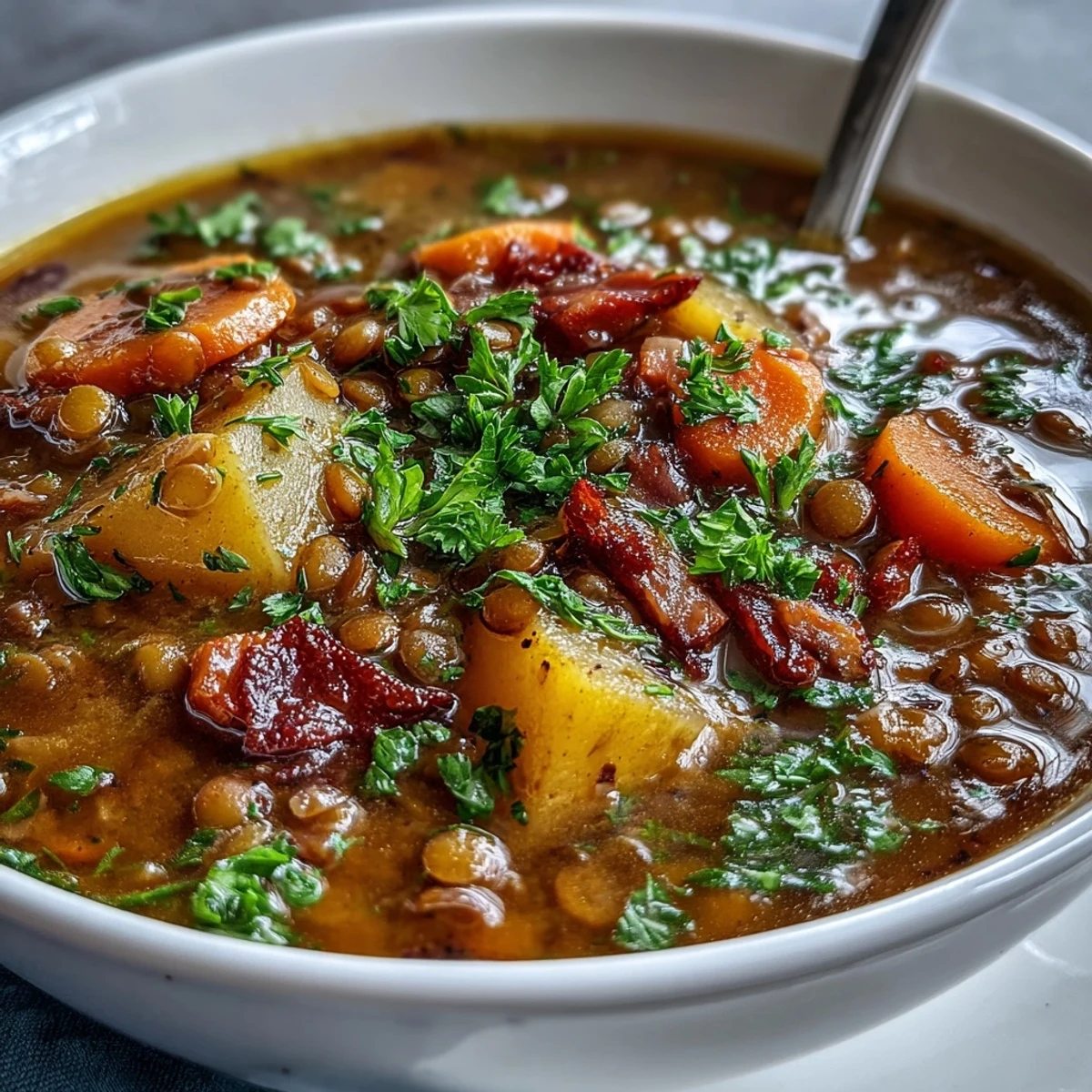 Smoky ham bone and lentil soup with parsnips, carrots, and potatoes—an ideal cold-weather meal.