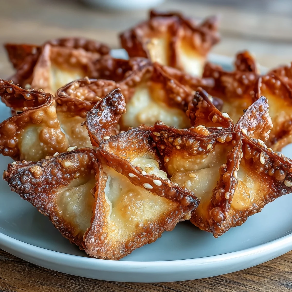 Crispy air-fried wontons bursting with creamy cheese filling, perfect for dipping in sweet chili sauce.