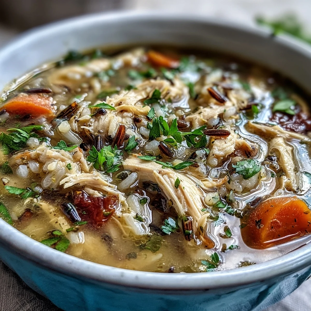 Warm Chicken and Wild Rice Soup with aromatic herbs, vegetables, and fluffy wild rice.