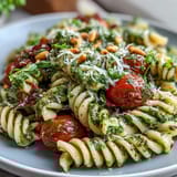 A colorful bowl of summer pasta salad with pesto and cherry tomatoes, tossed with fresh arugula and lemon zest.