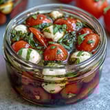 Portable Mason Jar Caprese Salad featuring juicy tomatoes, soft mozzarella, and aromatic basil leaves, perfect for picnics.