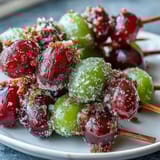 Vibrant frozen grape skewers are rolled in zesty lime sugar, offering a sweet-tart, refreshing summer snack perfect for hot days.