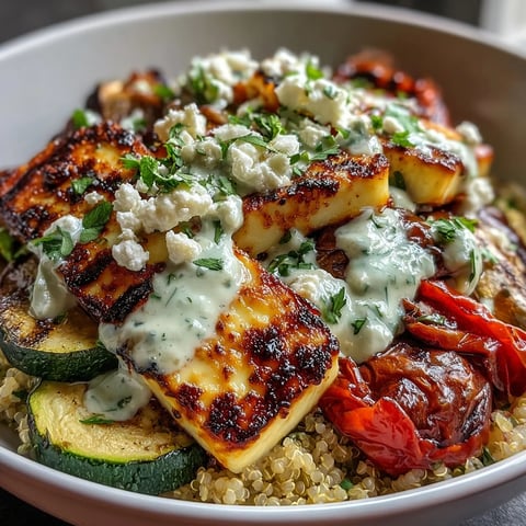 Grilled Healthy Grilled Mediterranean Bowl with charred zucchini, peppers, and eggplant on fluffy quinoa, topped with feta, olives, and creamy tzatziki.