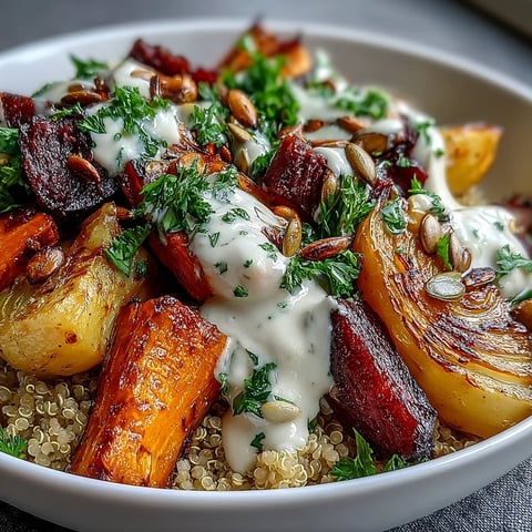 Roasted Root Vegetable Bowl with golden carrots, beets, and turnips on fluffy quinoa, drizzled with creamy tahini.