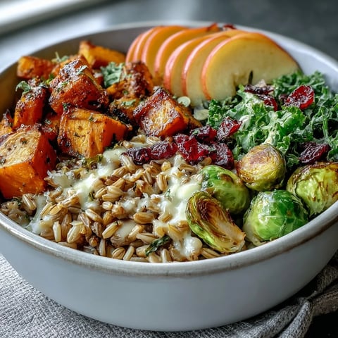 Fall Vegetable Bowl with roasted squash, Brussels sprouts, kale, and caramelized apples served in a rustic ceramic bowl.