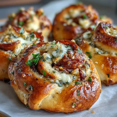 Golden-brown Pizza Roll Stuffed Garlic Knots fresh from the oven, brushed with garlic butter and herbs.