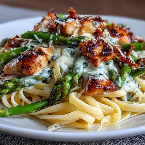 Golden, crispy Asiago roasted asparagus spears nestled in creamy Asiago Chicken & Asparagus Pasta with tender linguine.