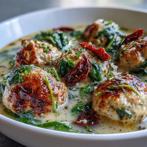 Creamy Tuscan Turkey Meatball Soup is served in a rustic bowl with a spoon beside crusty bread for dipping.