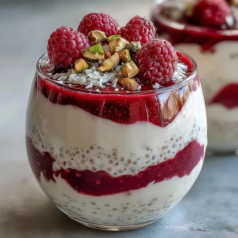 A vibrant vegan parfait with creamy coconut chia pudding and tangy raspberry purée, layered in clear glasses for a stunning breakfast or dessert.