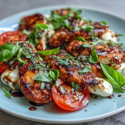 Vibrant grilled chicken Caprese salad with fresh mozzarella, tomatoes, basil, and balsamic glaze on a bed of greens.  