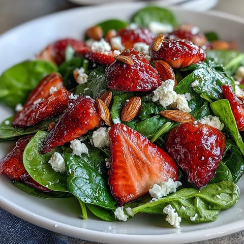 Fresh strawberry spinach salad with feta and toasted almonds, a vibrant mix of sweet berries, creamy cheese, and crunchy nuts.  