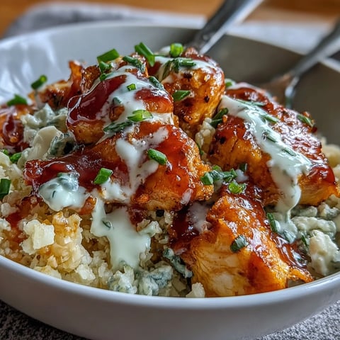 Keto buffalo chicken cauliflower rice bowls with spicy chicken, fresh veggies, and creamy ranch drizzle—low-carb and satisfying.  