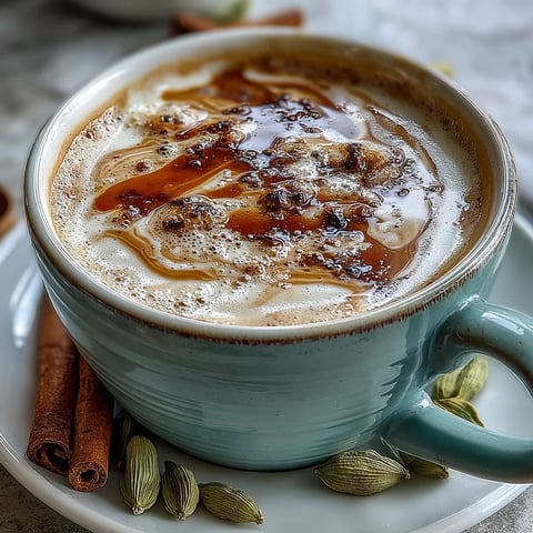 Aromatic cardamom chai latte with frothy milk, cinnamon, and spices in a cozy mug, perfect for chilly days.
