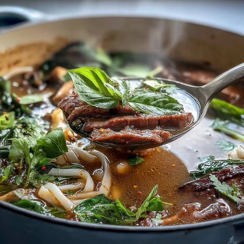 Aromatic hot pot broth filled with tender beef slices, fresh vegetables, and rice noodles, served family-style for a festive Asian meal.  