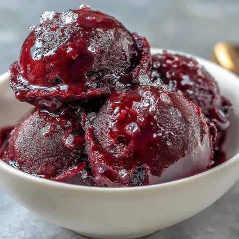 Vibrant black currant sorbet with deep purple hue and fresh mint garnish.  